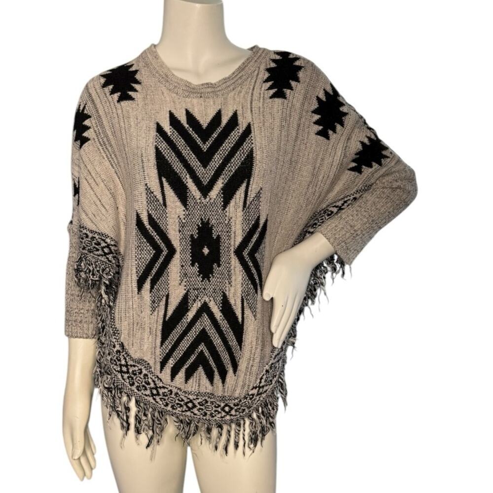 Crazy Train Black and Cream Aztec Print Fringe Poncho Sweater